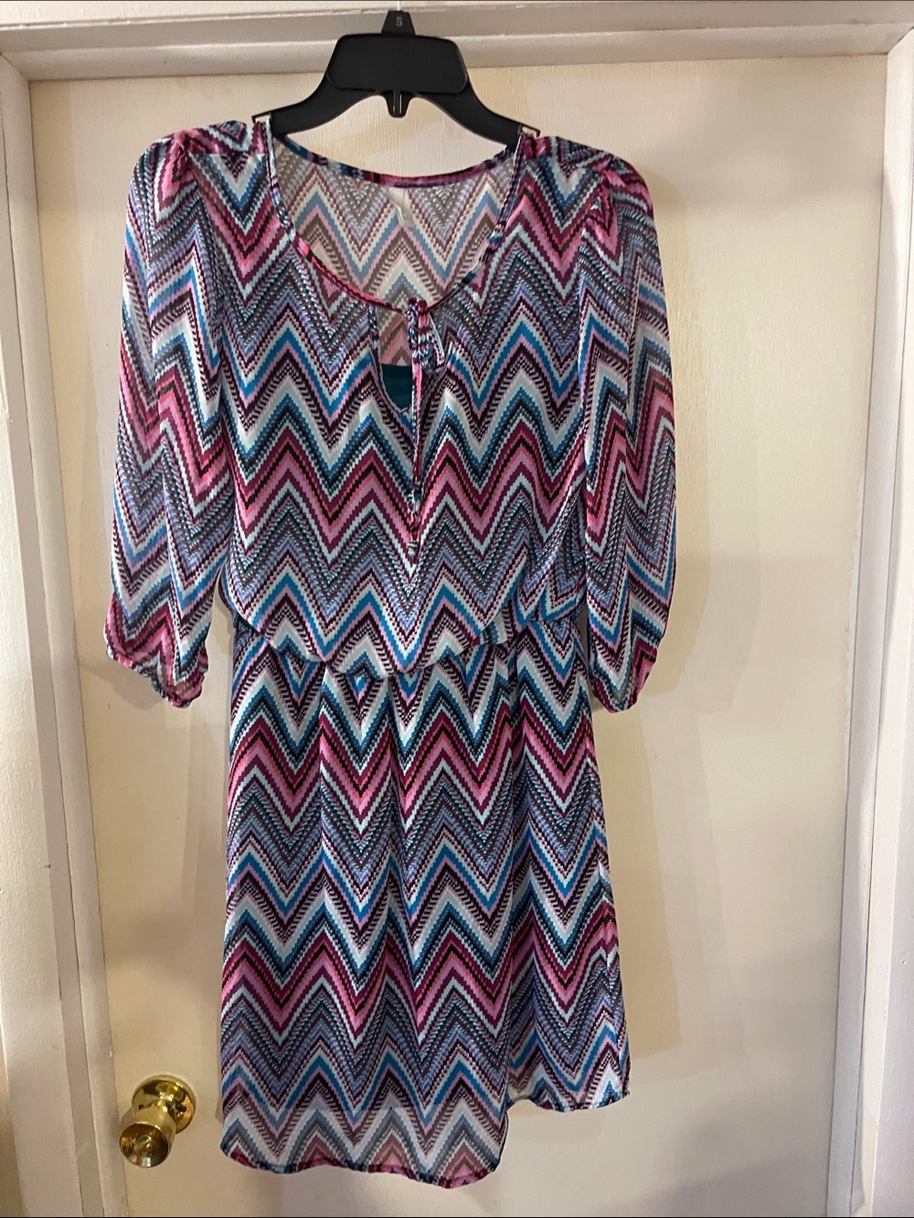 Vanity Chevron Tie-Neck Long Sleeve Dress in Pink, Blue, Black, White